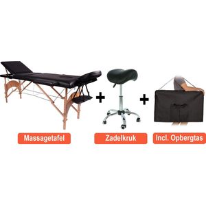 Massagetafel zen budget + Zadelkruk zwart/chrome - incl. opbergtas