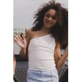 T-shirt - Offwhite - Ribjersey - Slanke Fit - Diamant Steentjes