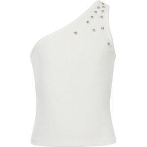 T-shirt - Offwhite - Ribjersey - Slanke Fit - Diamant Steentjes