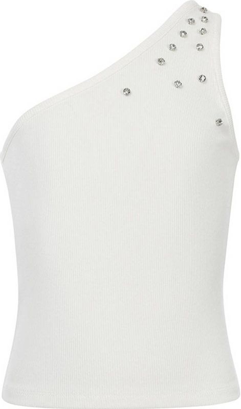 T-shirt - Offwhite - Ribjersey - Slanke Fit - Diamant Steentjes