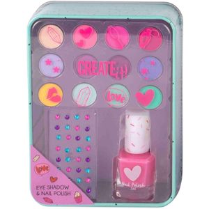 Create it! Oogschaduw en Nagellak Blikje - Paars - Inclusief Twaalf Kleuren en Nail Art Diamantjes