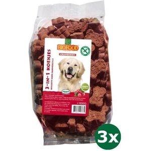 3x500 gr Biofood 3 in 1 hondenkoekjes met cranberry hondensnack