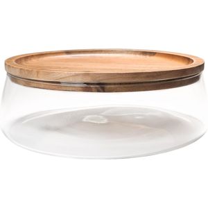 QUVIO Glazen schaal met houten deksel / Tafel decoratie / Salontafel schaal - Bruin