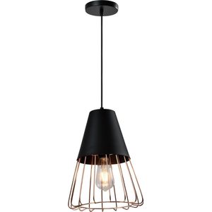 QUVIO Hanglamp industrieel - Lampen - Plafondlamp - Leeslamp - Verlichting - Verlichting plafondlampen - Keukenverlichting - Lamp - Rose gold staaldraad - E27 fitting - Voor binnen - Met 1 lichtpunt - D 26 cm - Zwart en roze