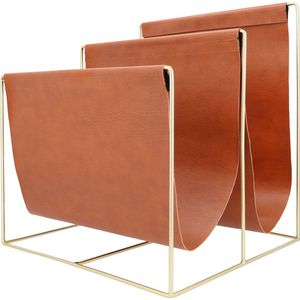 QUVIO Tijdschriftenrek - 2 vakken - Metaal en PU leer - Lichtbruin