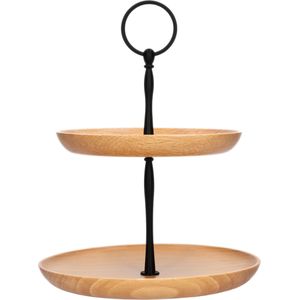 QUVIO Etagère / Serveerschaal - Serveerplanken - Hapjes plank - High tea - Presenteerbladen - Hout en staal - Bruin - Diameter 18 cm - 2 Laags