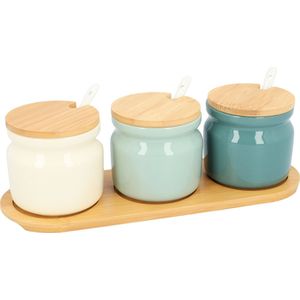 Krumble Voorraadpotten met houten deksel - Suikerpotten - Bewaarpotten - Kruidenpotjes - Inhoud 300 ml per potje - Houten plankje en lepels - Set van 3 - Lichtblauw, gebroken wit, Blauw - Keramiek