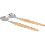 Krumble Saladebestek - Set van 2 - Sla bestek - Sla lepels - Salade set - Salade vork en lepel - Keukengerei - 2 delig - Hout - RVS - Bruin - Zilver - 29 cm