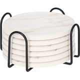 QUVIO - Onderzetters - Witte Onderzetters met Lichtbruine Marmerlook - Set van 6 - Met Houder