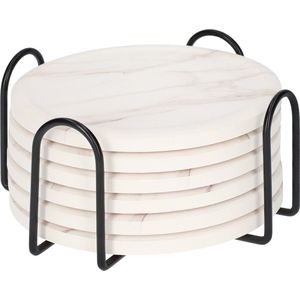 QUVIO - Onderzetters - Witte Onderzetters met Lichtbruine Marmerlook - Set van 6 - Met Houder