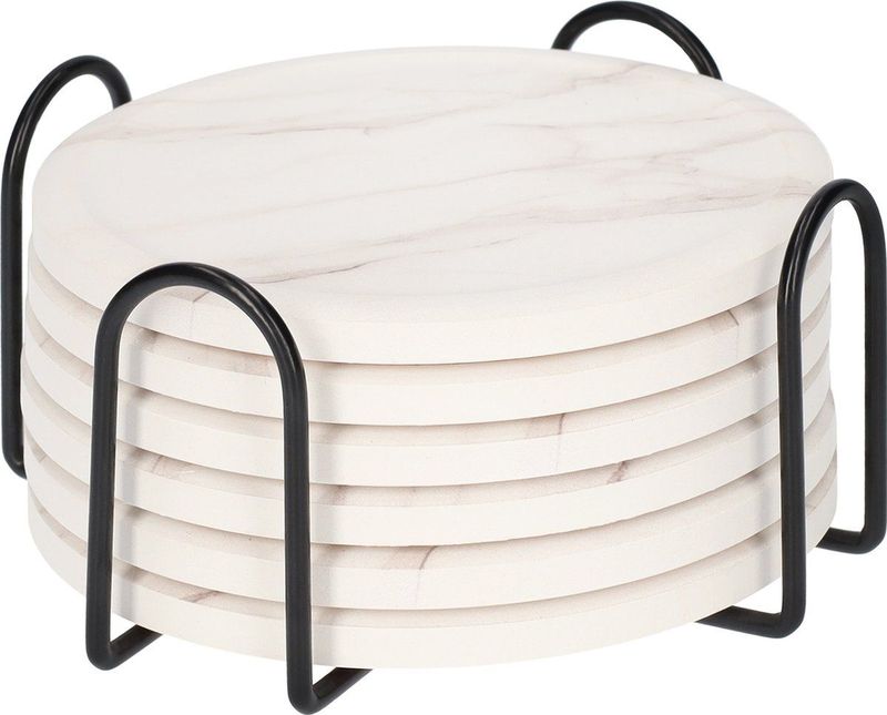 QUVIO - Onderzetters - Witte Onderzetters met Lichtbruine Marmerlook - Set van 6 - Met Houder