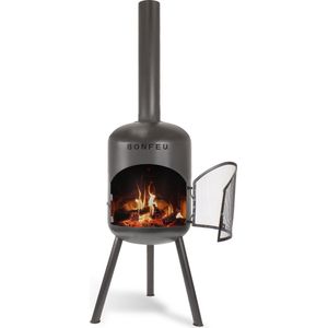 BonFeu BonBono Zwart Tuinhaard Staal - Houtkachel met Grill - Buitenkoken - Tuinkachel voor Sfeervolle Avonden - 45x45x165 cm