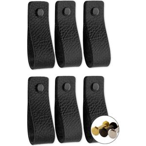 Brute Strength - Leren handgrepen voor meubels - Zwart - 6 stuks - 16,5 x 2,5 cm - Kastgreep, Deurgreep voor keuken, badkamer, kasten, dressoir, hout