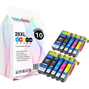 Inktdag inktcartridges voor Epson 26XL, multipack van 10 kleuren (2*zwart, 2*foto zwart, 2*C/M/Y) geschikt voor printers Epson Expression Premium XP-510 , XP-520 , XP-600 , XP-605, XP-610, XP-615,XP-620, XP-625, XP-700, XP-710, XP-720, XP-800, XP-810