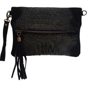 TOUTESTBELLE - Leren crossbody tasje Polstasje Clutch Croco Overslag met Rits - Dames - Suede Leer - Zwart