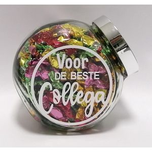 Glazen Snoeppot met deksel, gevuld met zuurtjes ""Voor de beste collega"" bedankje, bedankt cadeautje, afscheid