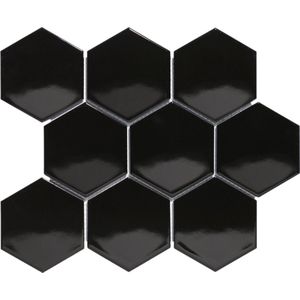 The Mosaic Factory Barcelona Hexagon - Wandtegels - Mozaïektegel - 25.6x29.6x0.3cm - Zwart Glans - 0.76m²/10 Stuks