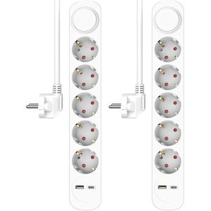 2-Pack ELRO ES305 Stekkerdoos 7-voudig met 1,5m snoer en schakelaar – 5x stopcontact + USB + USB-C – Kinderbeveiliging – randaarde stekker – max. 3680W – TÜV getest