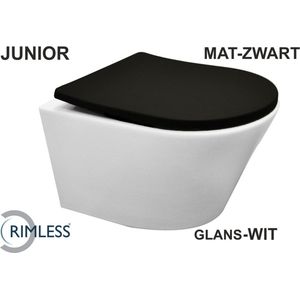 Wiesbaden Vesta junior wandcloset rimless verkort glans wit Shade slim toiletzitting softclose en quick release mat zwart 32.6031