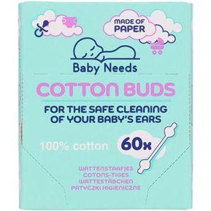 Baby Needs wattenstaafjes - 100% Katoen - 60 stuks - babyvriendelijk - schone oortjes - propere oren - baby - uitzet- kraampakket - bevalling - verzorging - reiniging
