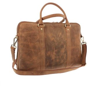 MoreThanHip 15,6 Inch Laptoptas Hazel - Dames - Vintage Ecoleer - Mat Bruin - 40 x 28 x 13 cm - Mooie ronde vormen - voor Laptops van max. 38 cm breed - Plantaardig gelooid leer - Fairtrade - Lange Levensduur - Zakelijk - Corporate - Business