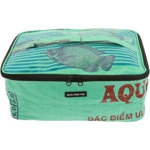 Toilettas of Beautycase Gerecyclede Cementzakken - Jati Vis Groen - 30 x 20 x 14 cm - inhoud 8.4 liter - opvouwbaar - dames - duurzaam - vegan - groot - cadeau vrouw - fairtrade