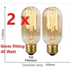 2 stuks Edison gloeilamp kooldraad lamp, vintage retro filament bulb, draadlamp antiek E 27 40 watt grote fitting T 45 filament -