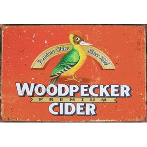 METALEN WANDBORD - WOODPECKER - DRANK CIDER RECLAMEBORD - MUURPLAAT - VINTAGE - RETRO - WANDDECORATIE -TEKSTBORD - DECORATIEBORD - RECLAME  - NOSTALGIE - SPECHT - 30 x 20 cm - nr 722