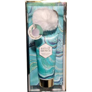 Bad & Douche gel met fluffy chain - Peony & Rose - Cadeaus - Geschenk set - Blauw / Wit - 200 ml - Kerstmis - Feestdagen