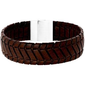 Stalen herenarmband donker bruin leer
