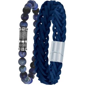 Lucardi - Heren Stalen Set - Licht Blauw Leer - Dumortierite - Zilverkleurig