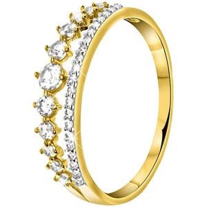 Lucardi Dames Ring 2rij met zirkonia - Ring - Moederdag Cadeautje - 14 Karaat Goud - Geelgoud