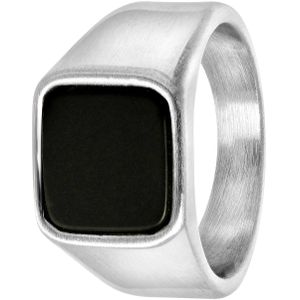 Lucardi Heren Zegelring met black agate - Ring - Moederdag Cadeautje - Staal - Zilverkleurig