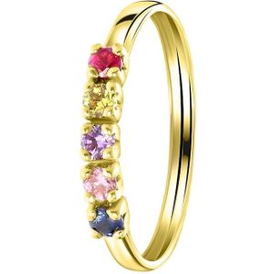14 karaat geelgouden ring 5 multicolor zirkonia's