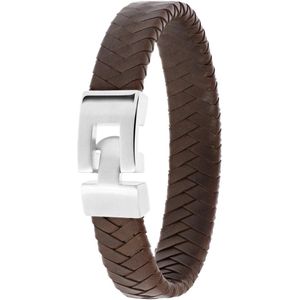 Stalen armband met donker bruin leer
