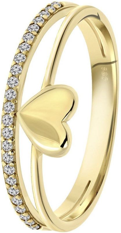 Lucardi - Dubbele Ring - Geelgoud - 14 Karaat - Hart en Zirkonia
