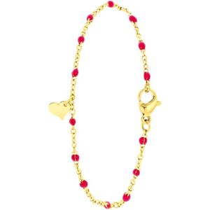 Stalen goldplated kralenarmband hart fuchsia emaille voor dames