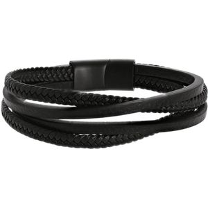 Lucardi Heren Blackplated armband gevlochten leer - Leer - Armband - Vaderdag Cadeau - 21 cm - Zwart