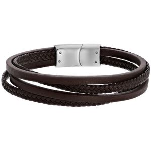 Lucardi Heren Armband bruin gevlochten leer - Leer - Armband - Cadeau - 19 cm - Zilverkleurig