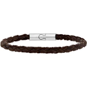 Stalen herenarmband rond leer donker bruin 6mm