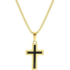 Lucardi Heren Ketting - Hanger Kruis - Staal - Goudkleurig - 55 cm