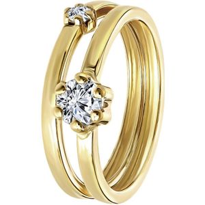 Lucardi Dames Ring 2-1 met zirkonia - Ring - Cadeau voor vrouwen - 9 Karaat - Geelgoud