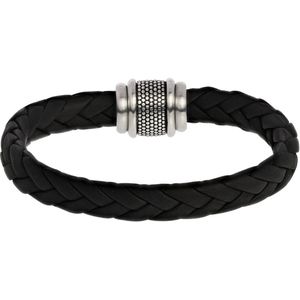 Lucardi Heren Armband leer zwart 10mm - Leer - Armband - Vaderdag Cadeau - 19 cm - Zilverkleurig