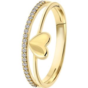 Lucardi Dames Dubbele ring hart en zirkonia - Ring - Cadeau - 18 Karaat Goud - Geelgoud