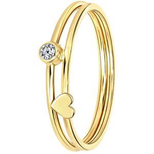 Lucardi Dames Ring hart en ronde zrikonia - Ring - Moederdag Cadeautje - 14 Karaat Goud - Geelgoud