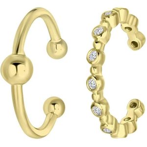 Lucardi Dames Goldplated set van 2 Earcuffs Zirkonia - Oorbellen - Cadeau - Echt Zilver