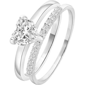 Zilveren dubbele ring met zirkonia hart