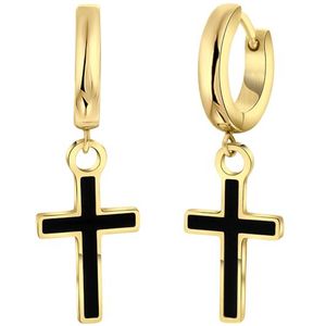 Lucardi Heren Goldplated Oorringen Hanger Kruis - Oorbellen - Cadeau - Staal - Goudkleurig