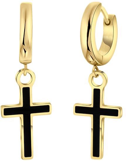 Lucardi Heren Goldplated Oorringen Hanger Kruis - Oorbellen - Cadeau - Staal - Goudkleurig