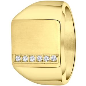 Lucardi Heren Goldplated zegelring zirkonia - Ring - Cadeau - Staal - Goudkleurig